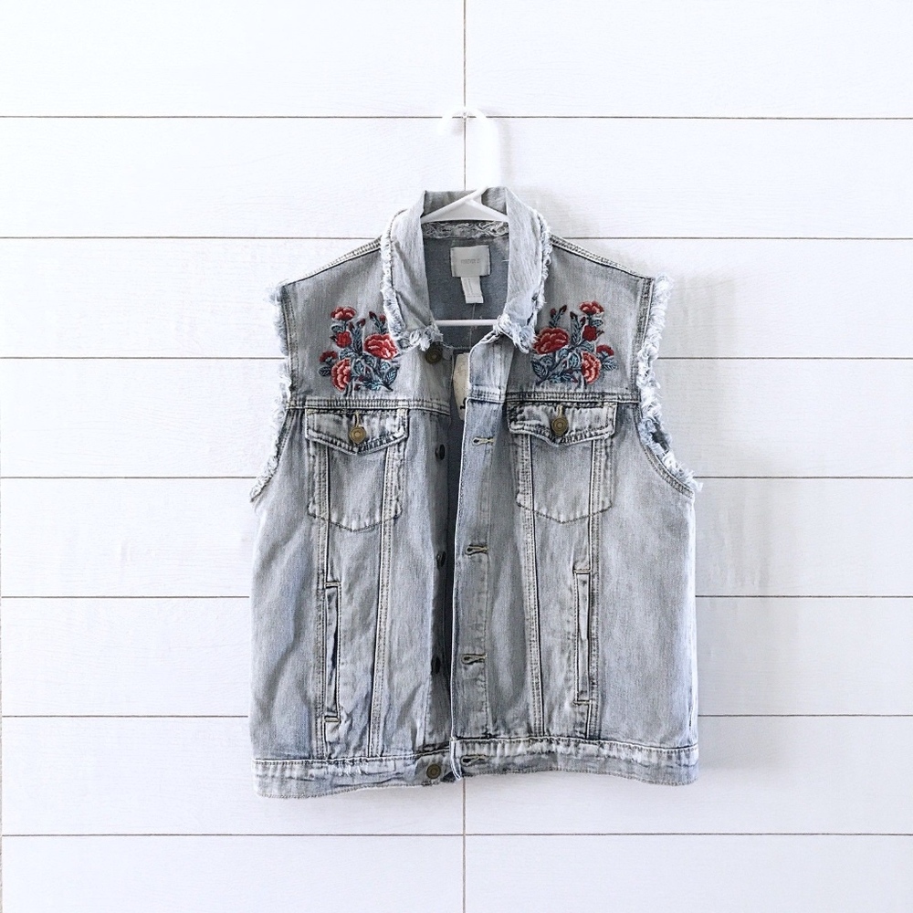 Forever 21 Blue Floral Embroidered Fray Denim Vest - Picture 2 of 8